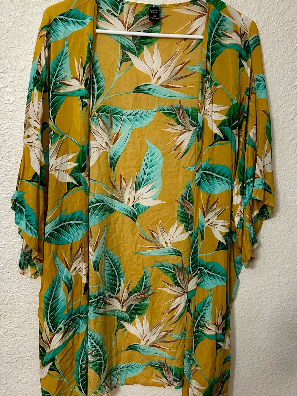 Emily Rose Mustard Tropical Leaf Open-Front Kimono
